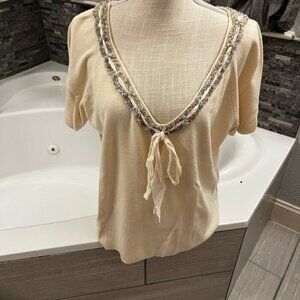 Vintage Plus Size Womens 2X Dana Buchman Cream Blouse with Embellished V-Neck